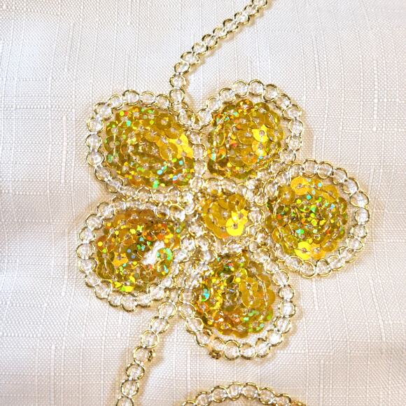 Gold White Christmas Stocking Sequin Floral 17" Satin Beaded Holiday Decor - Picture 3 of 12